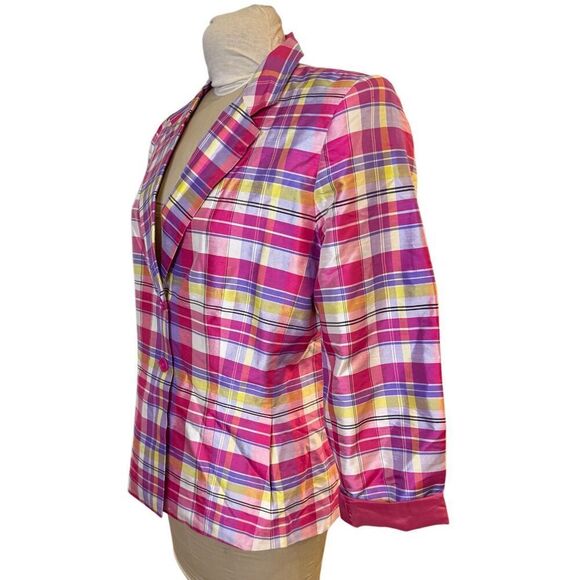 Kasper Silk 2-Button Blazer Sz. 12 Pockets Bright Plaid Lined - Picture 5 of 9